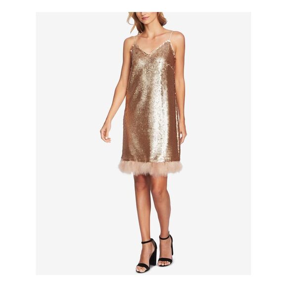 CECE Womens Beige Feather Trim V Neck Above The Knee Party Shift Dress 12 - Picture 3 of 3